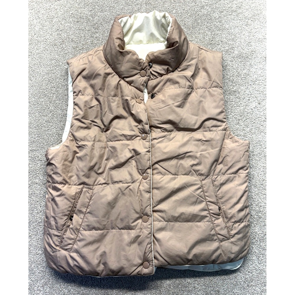 Thread & Supply Reversible Puffer Vest Tan Ivory Quilted Snap Small